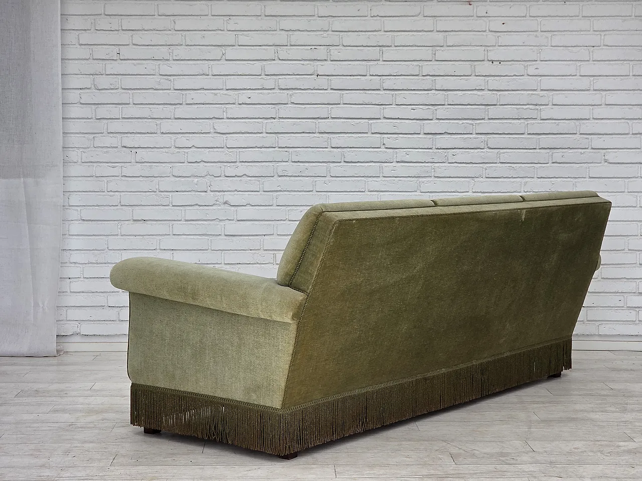 1970s, Danish 3-seater sofa, green furniture velour, beech wood. 12