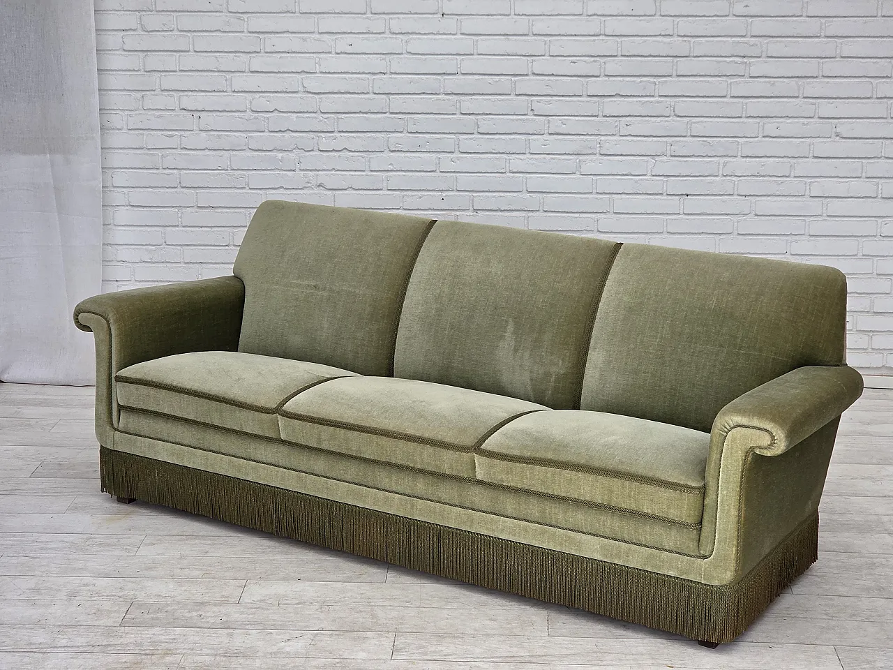 1970s, Danish 3-seater sofa, green furniture velour, beech wood. 14