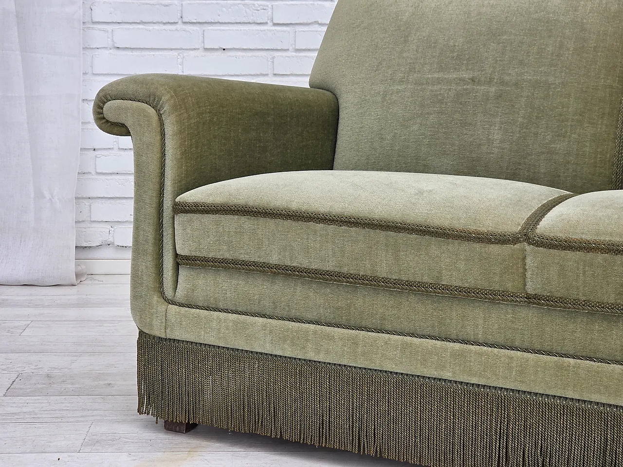 1970s, Danish 3-seater sofa, green furniture velour, beech wood. 15