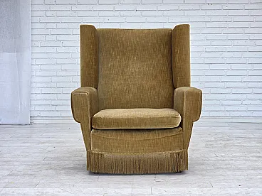 Anni '70, poltrona danese con schienale alto, velluto per mobili giallo miele.