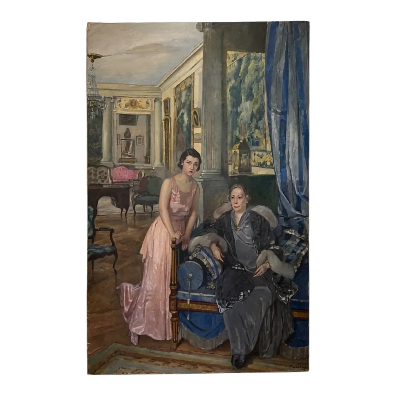 Painting Elegant Salon, Mother and Daughter, Luigi Paolillo 1933 8