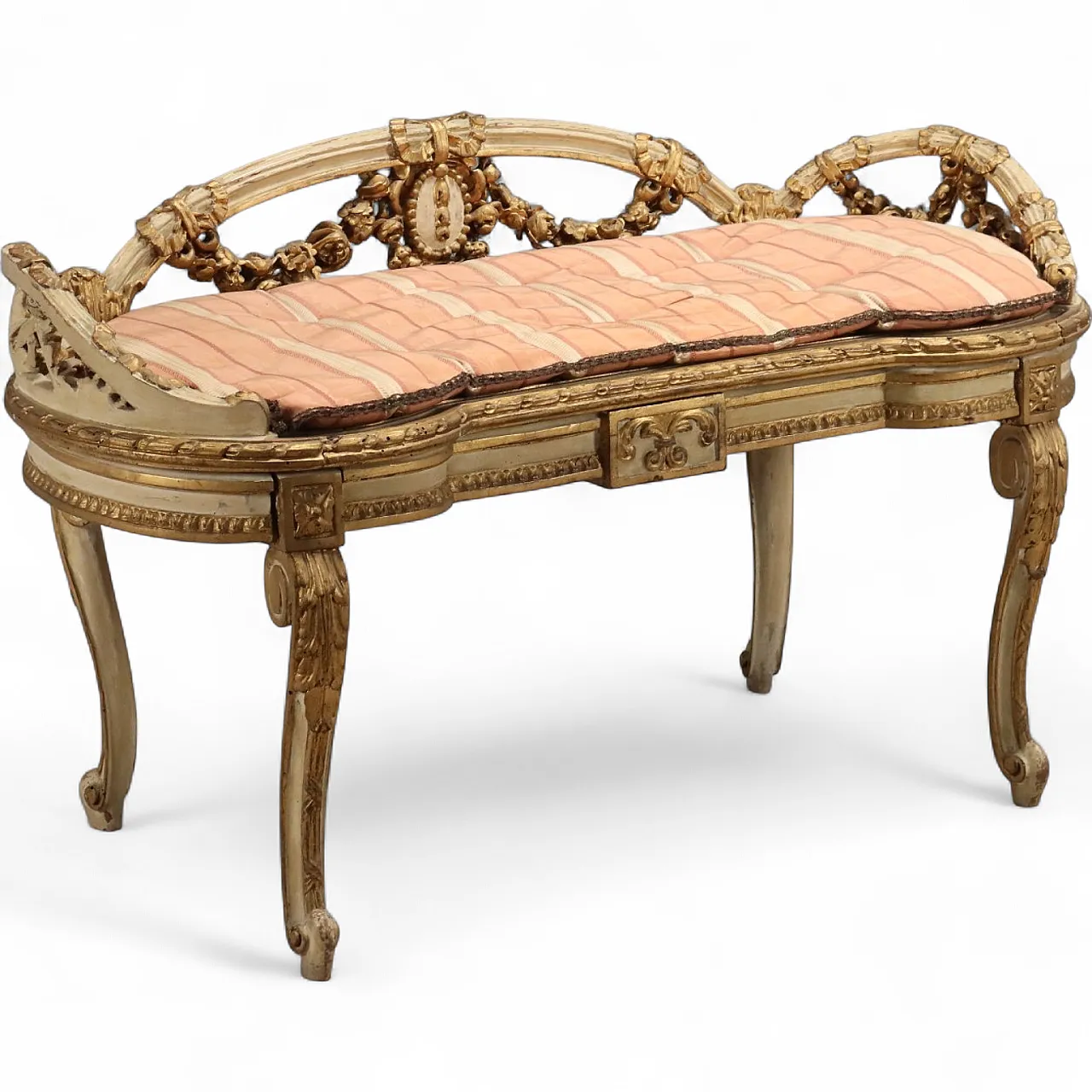 Neoclassical style in carved, lacquered and gilded bench, 19th century 11