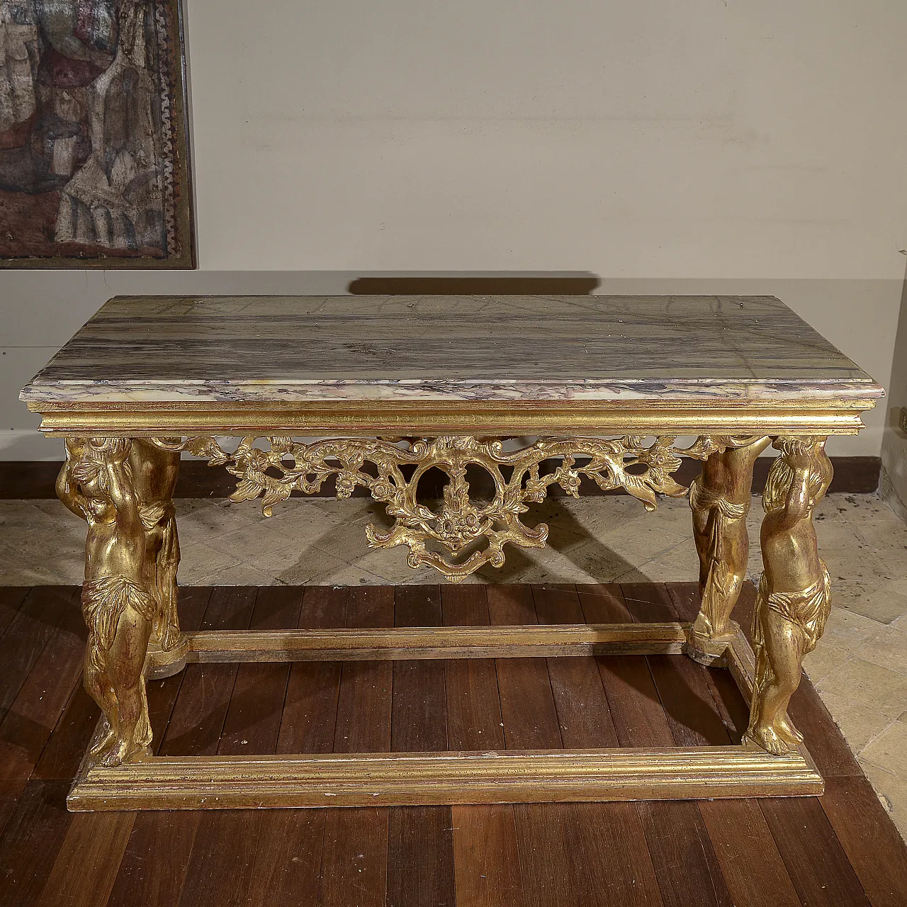 Carved console with marble top and cherubs supporting it, 19th century 1