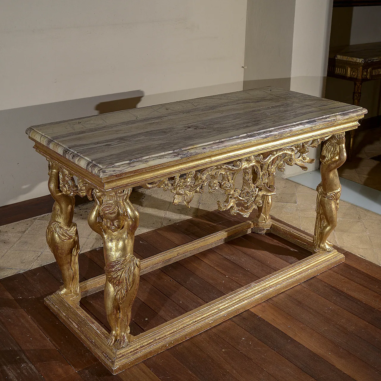 Carved console with marble top and cherubs supporting it, 19th century 2