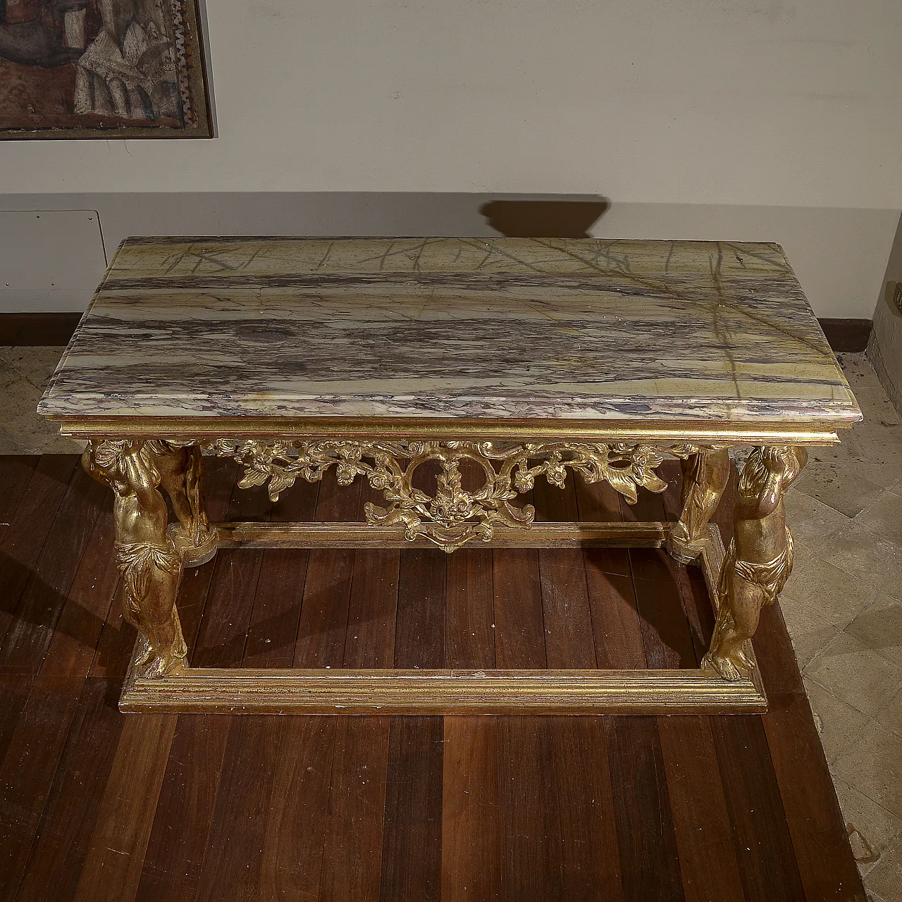 Carved console with marble top and cherubs supporting it, 19th century 4