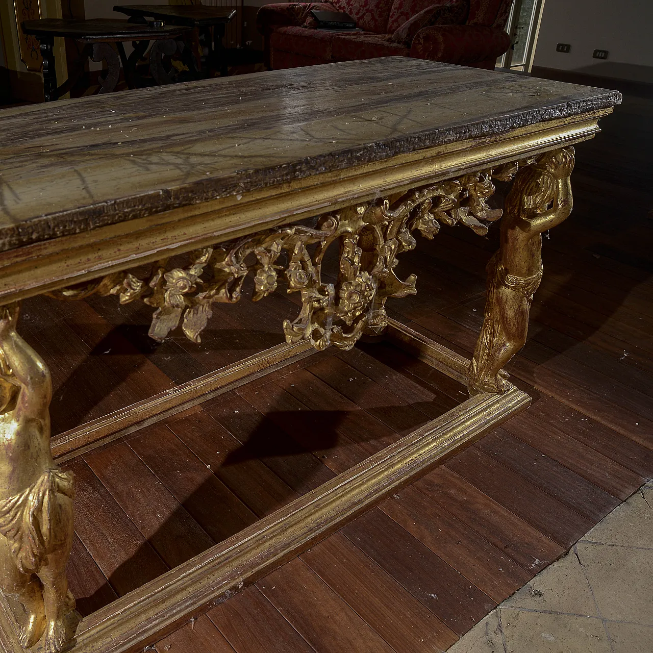 Carved console with marble top and cherubs supporting it, 19th century 5