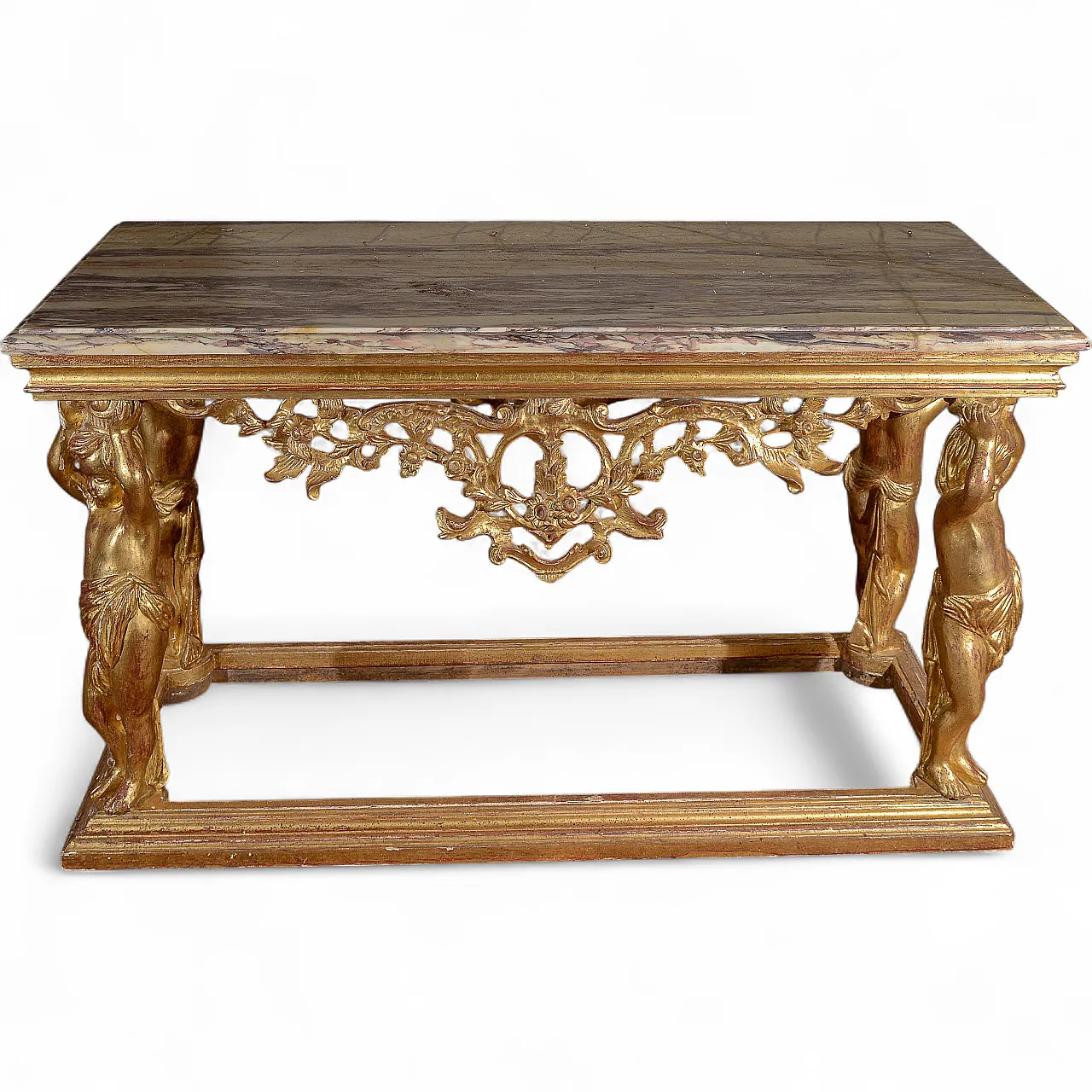 Carved console with marble top and cherubs supporting it, 19th century 9