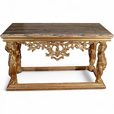 Consolle intagliata con piano in marmo e putti che lo sorreggono, '800