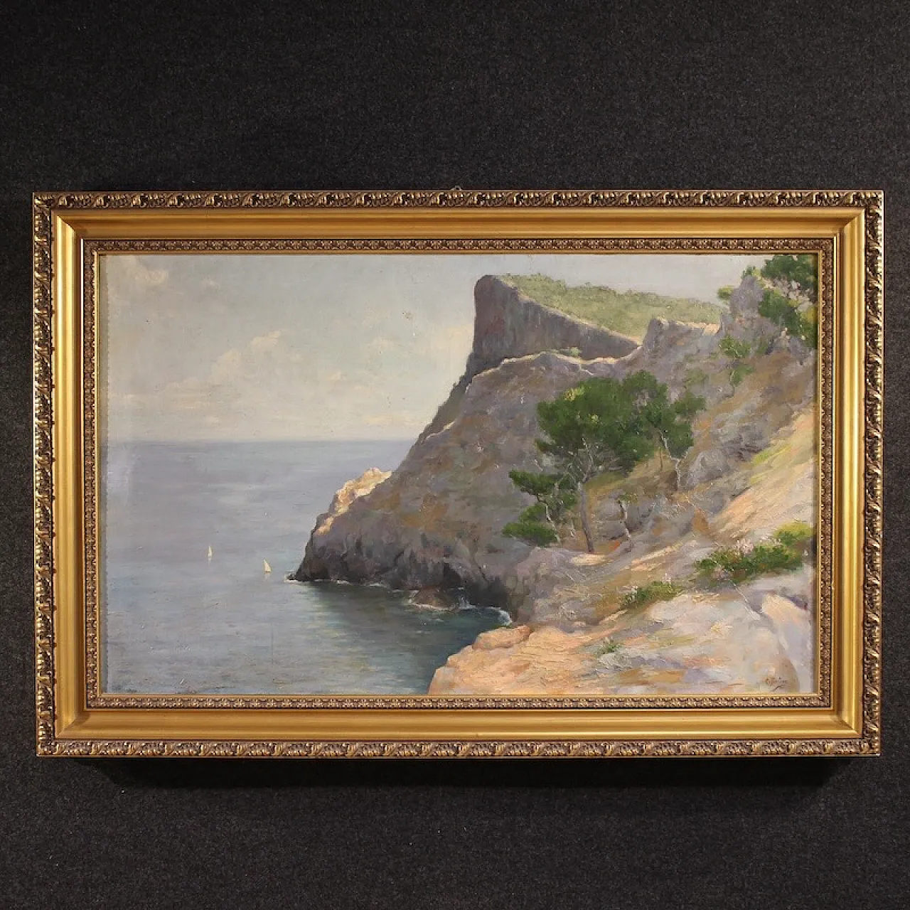 Dipinto spagnolo, paesaggio veduta di mare, '900 1