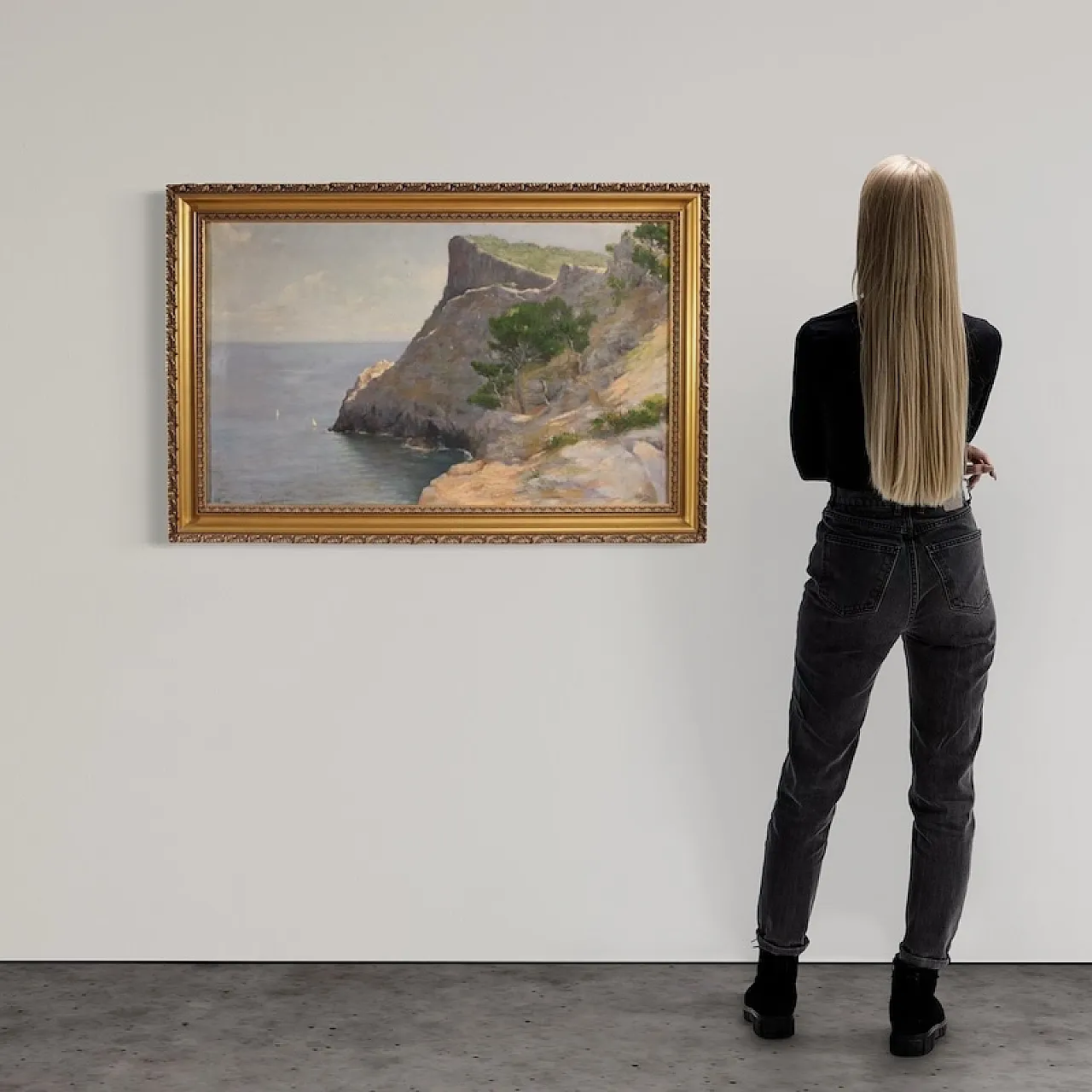 Dipinto spagnolo, paesaggio veduta di mare, '900 2
