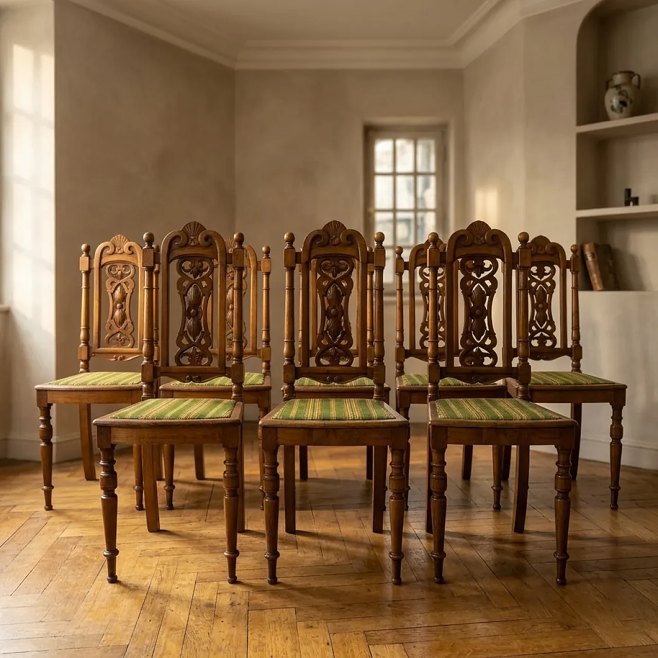 9 Renaissance revival dining chairs in carved wood, 20th century 1