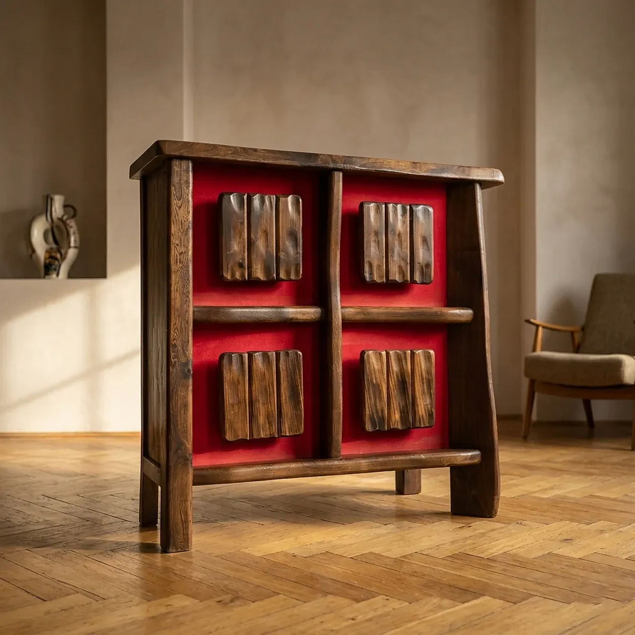 Mid-Century brutalist backlit bar cabinet in solid wood, 1970s 1