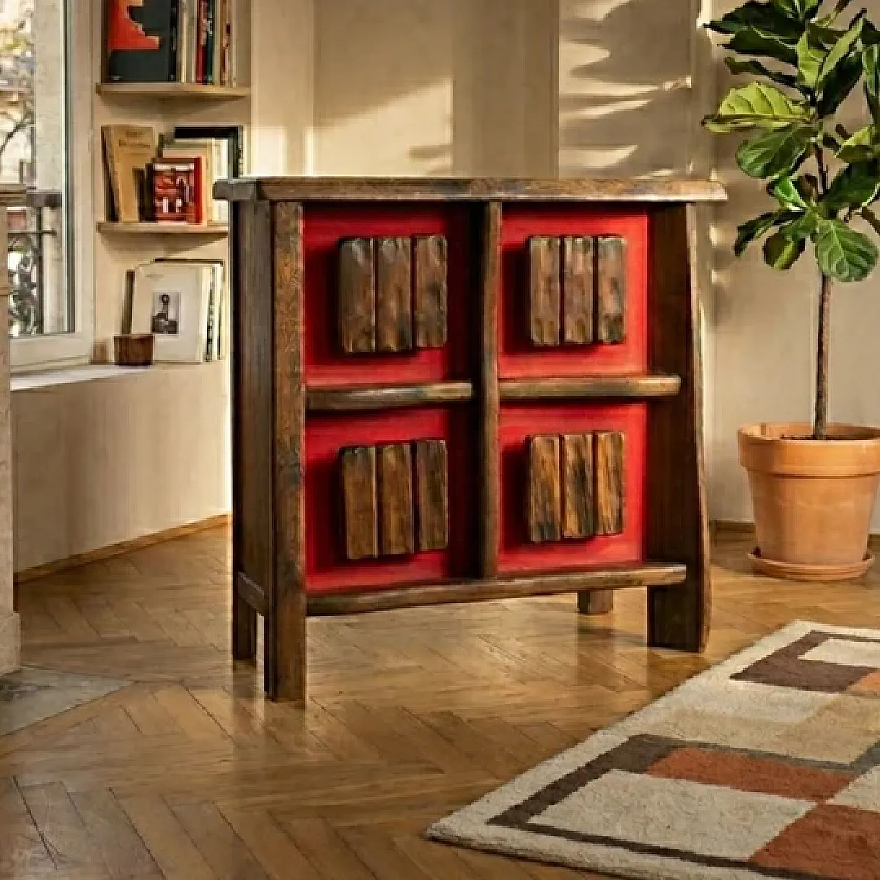 Mid-Century brutalist backlit bar cabinet in solid wood, 1970s 2