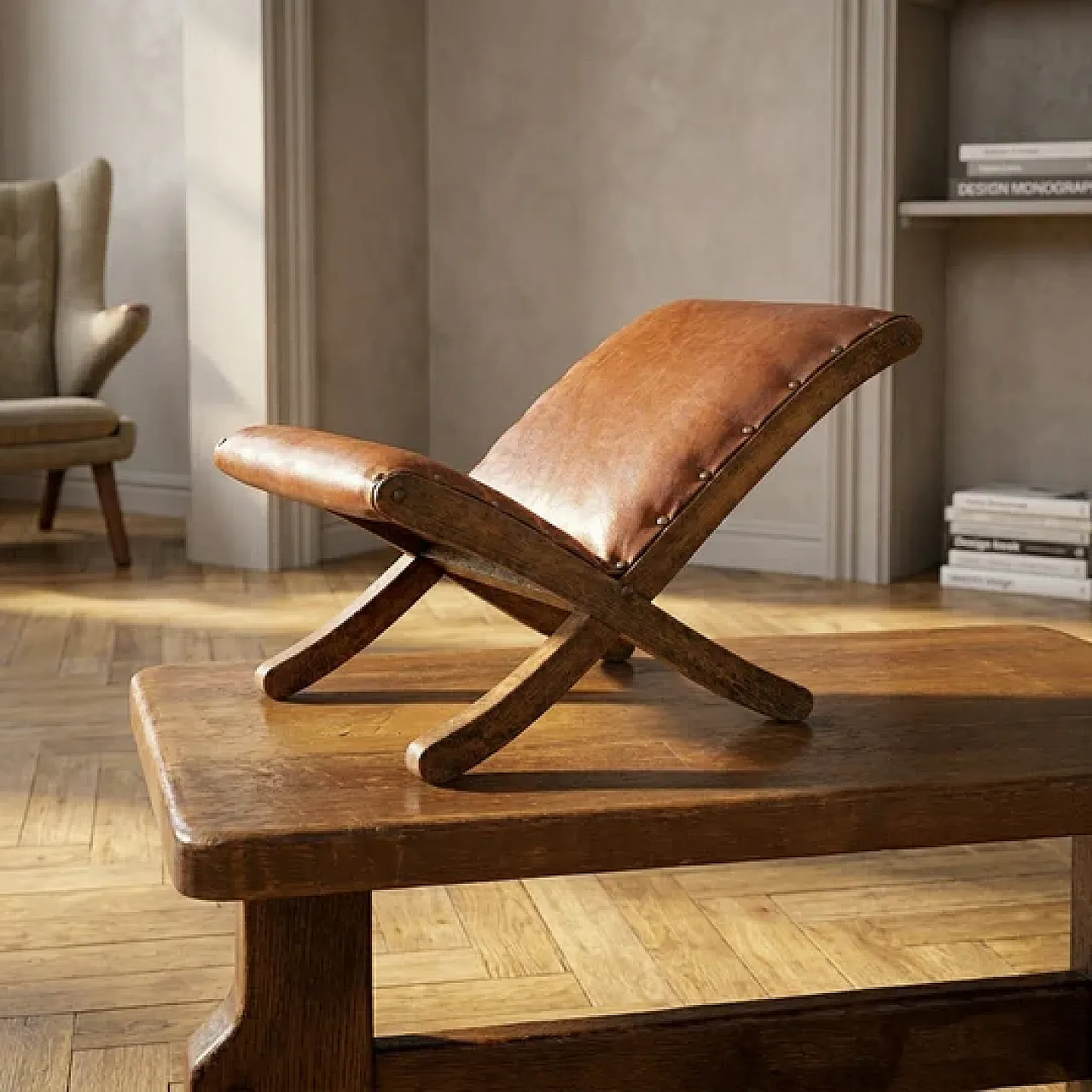 Sgabello in legno e pelle, metà '900 3
