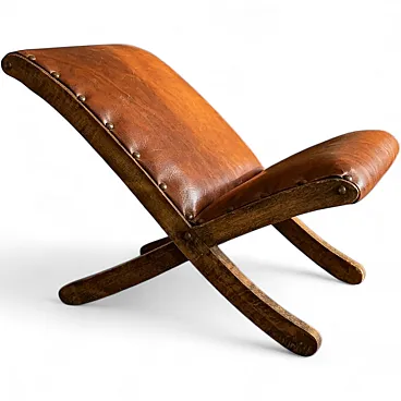 Sgabello in legno e pelle, metà '900
