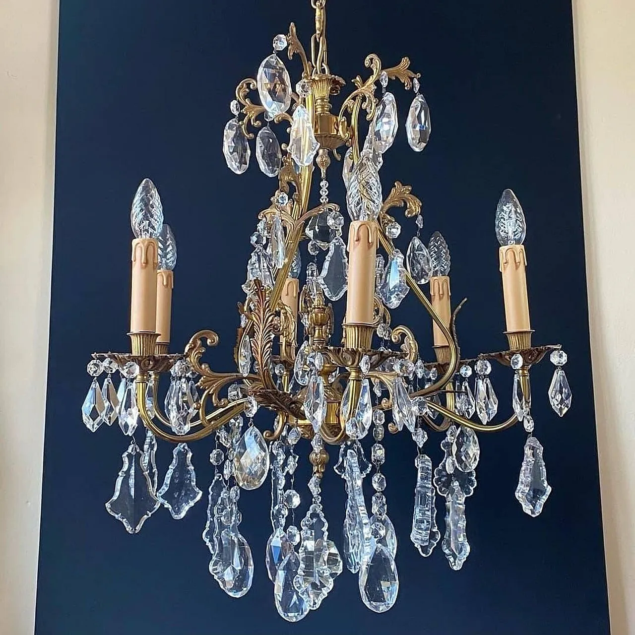 Lampadario in bronzo con pendenti in cristallo, anni '60 1