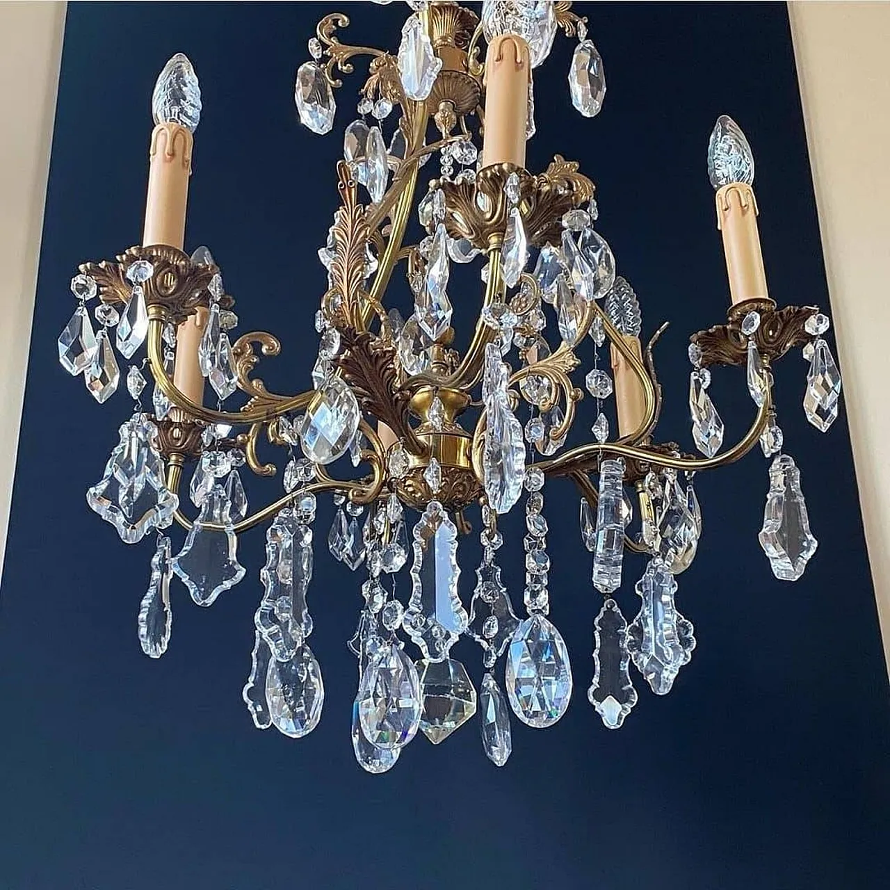 Lampadario in bronzo con pendenti in cristallo, anni '60 2