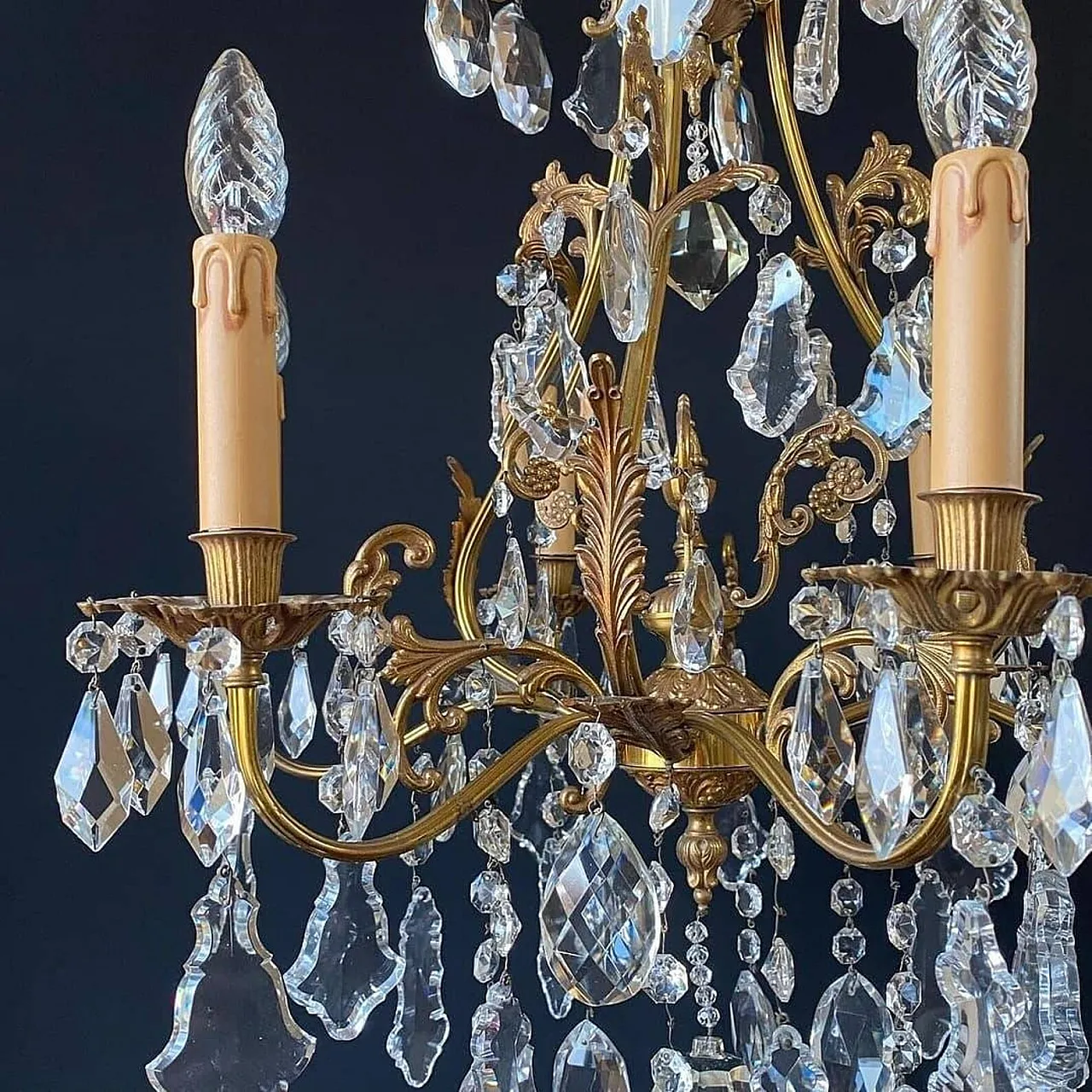 Lampadario in bronzo con pendenti in cristallo, anni '60 3