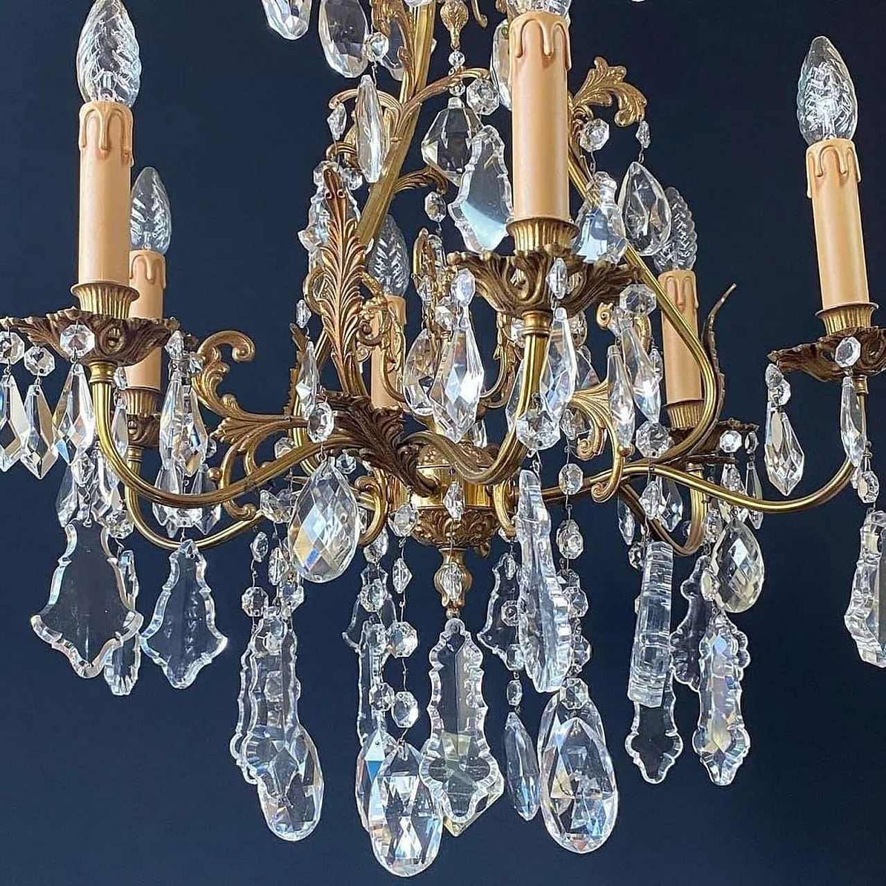 Lampadario in bronzo con pendenti in cristallo, anni '60 4