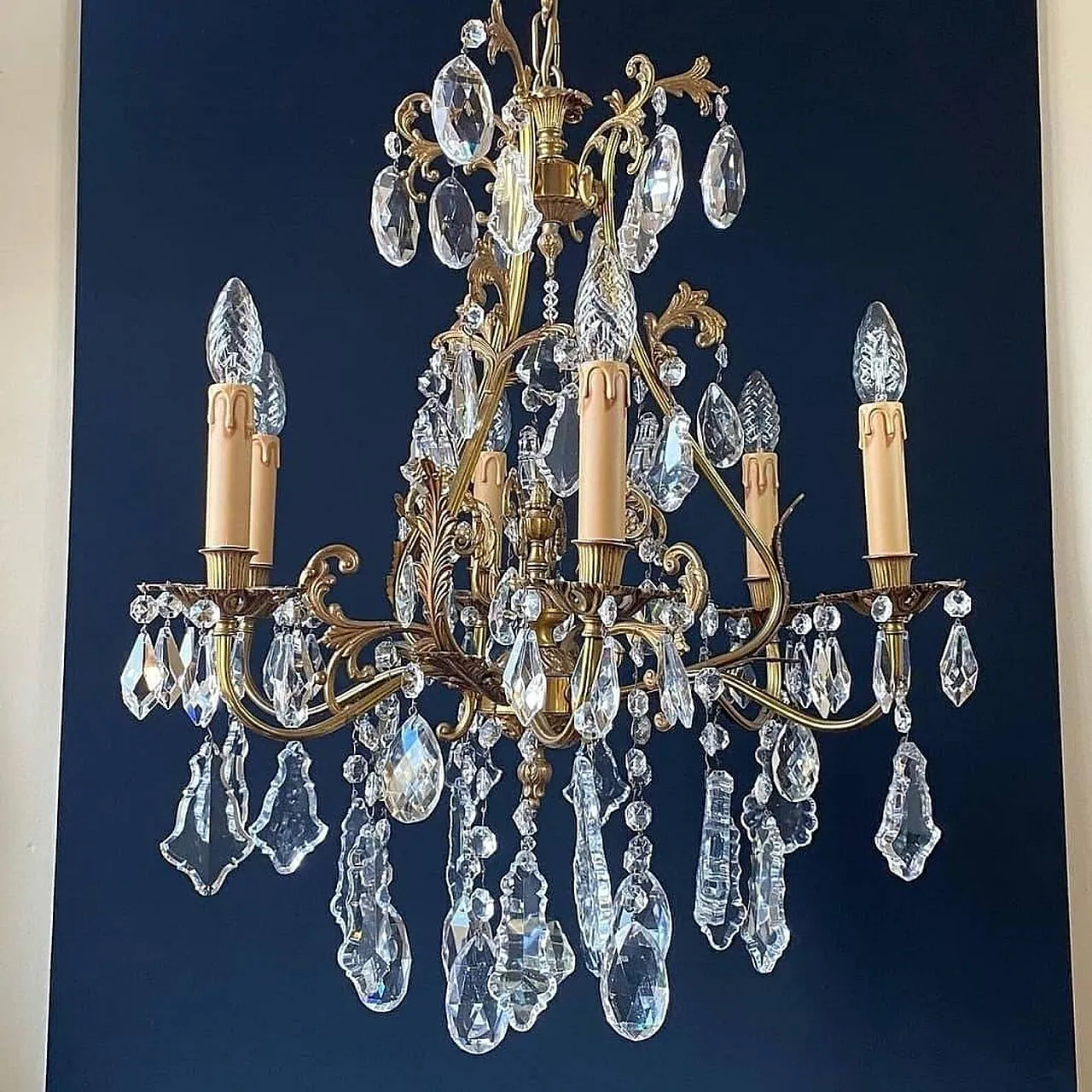 Lampadario in bronzo con pendenti in cristallo, anni '60 5