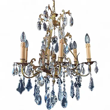 Lampadario in bronzo con pendenti in cristallo, anni '60