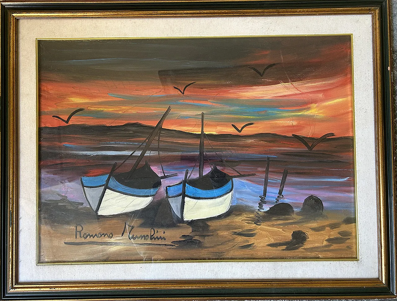 Romano Mussolini, Marina con barche, olio su tela, 1960s 2