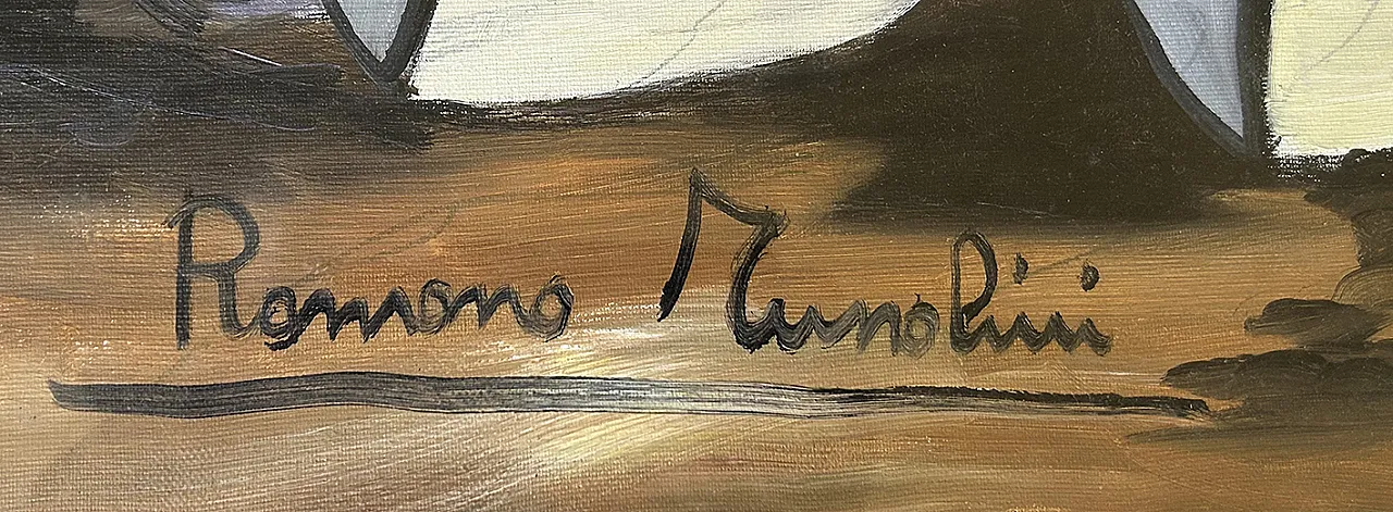 Romano Mussolini, Marina con barche, olio su tela, 1960s 4