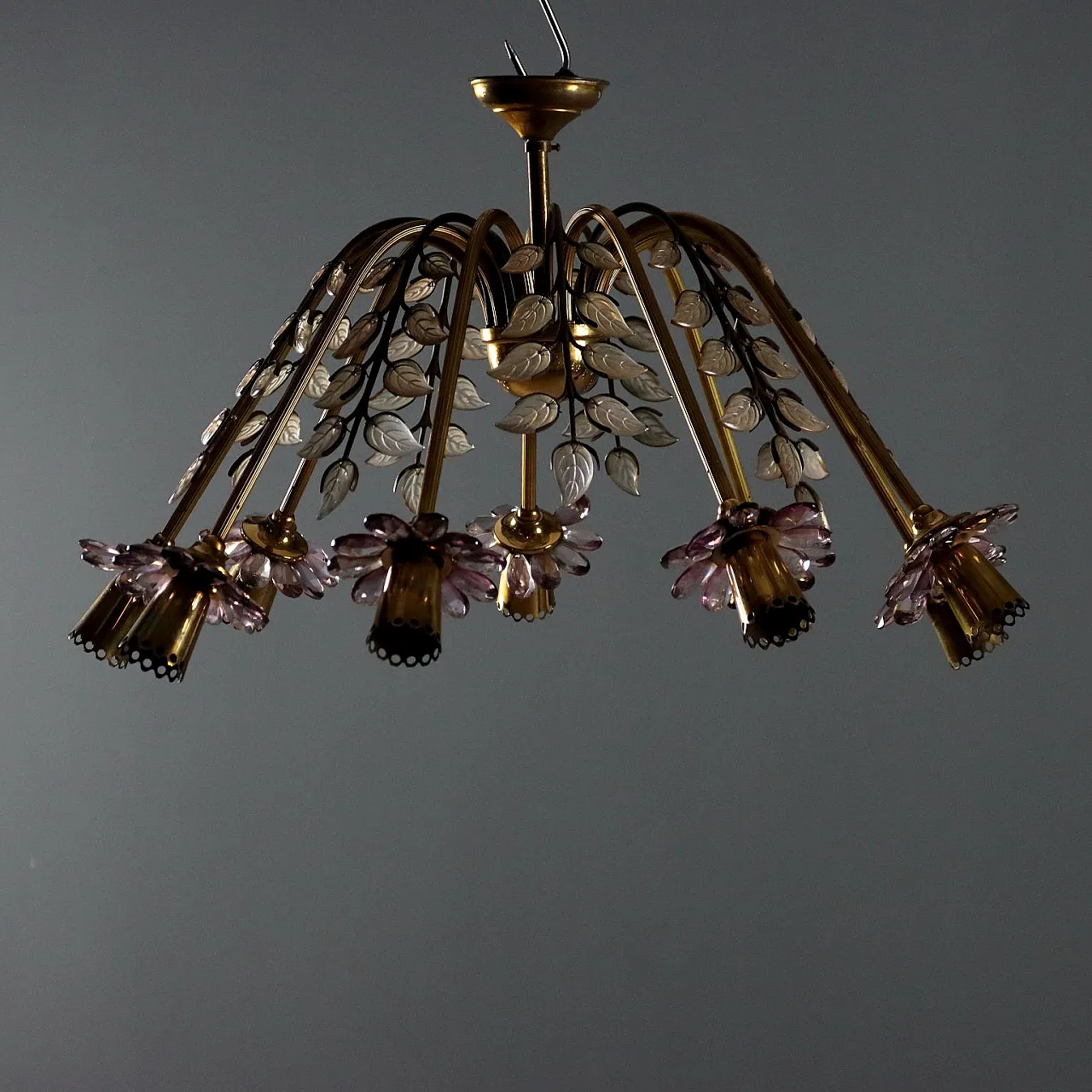 Lampadario in ottone e vetro, anni '50 1
