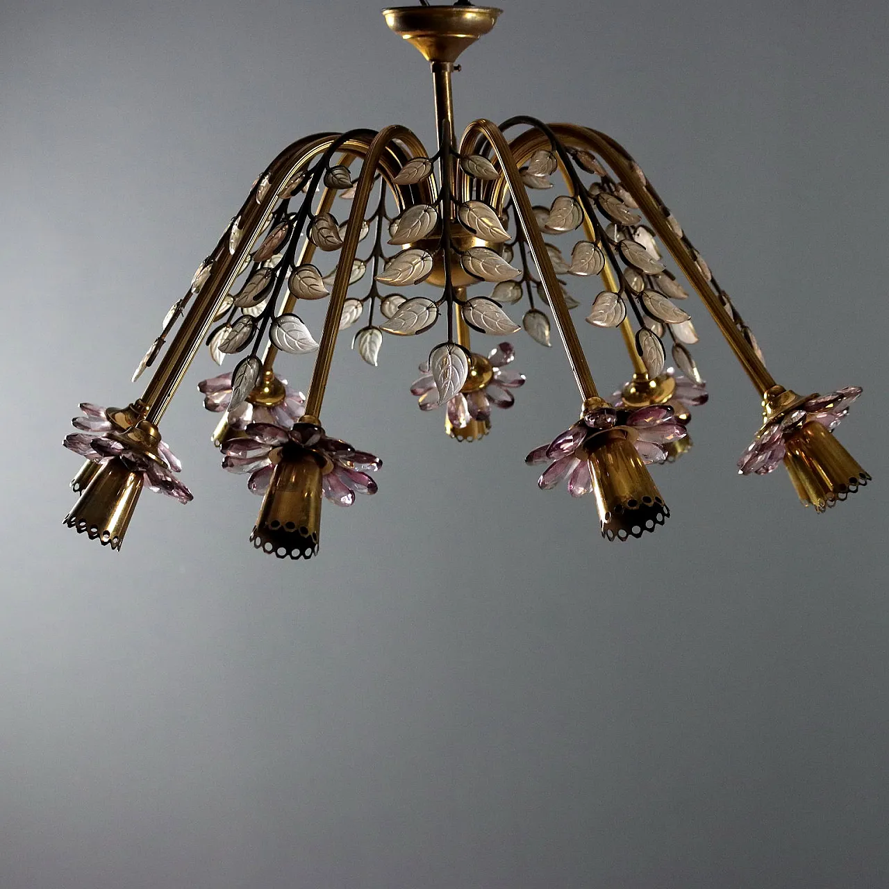Lampadario in ottone e vetro, anni '50 3