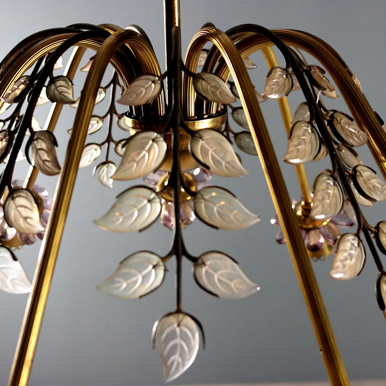 Lampadario in ottone e vetro, anni '50 5