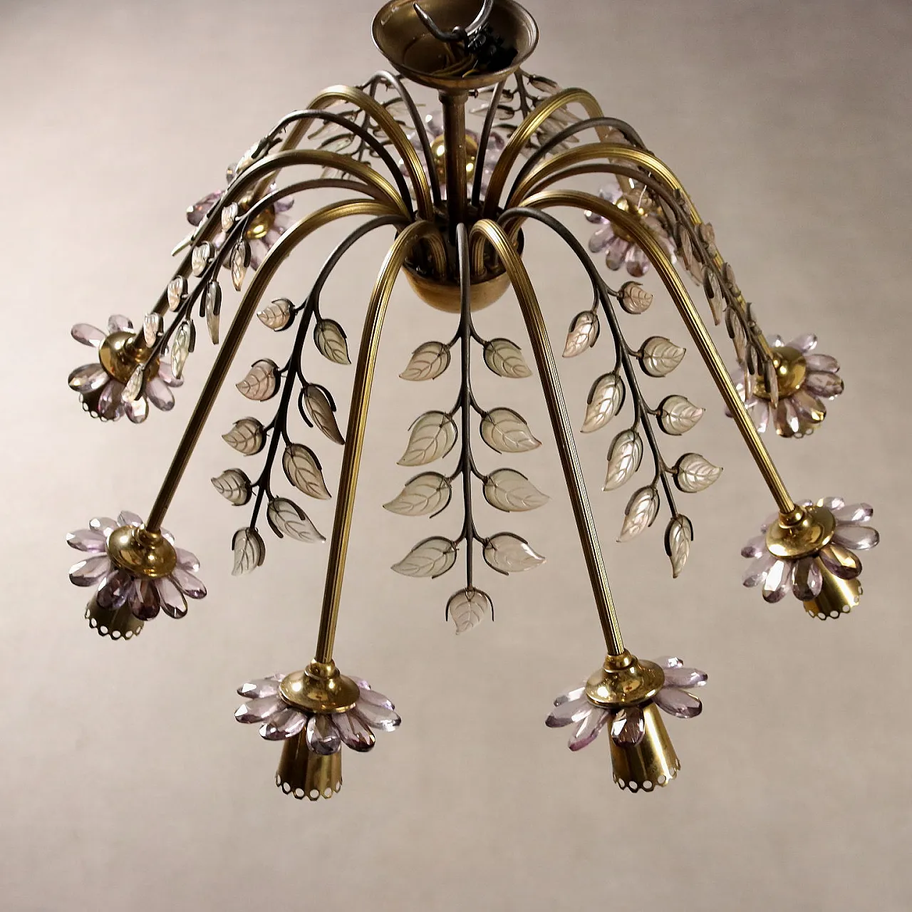 Lampadario in ottone e vetro, anni '50 6