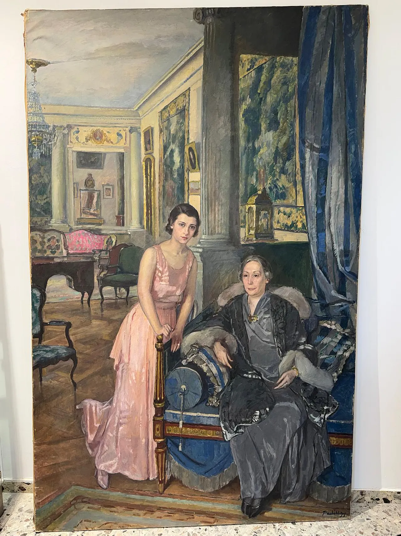 Painting Elegant Salon, Mother and Daughter, Luigi Paolillo 1933 9