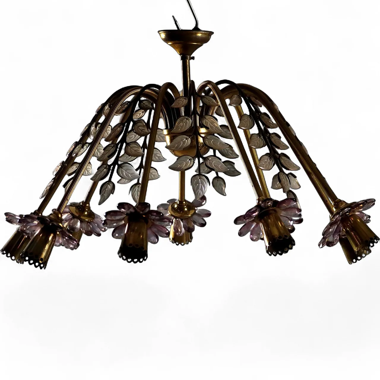 Lampadario in ottone e vetro, anni '50 8