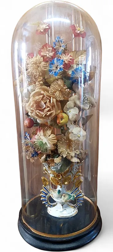 Blown glass cloche on a wooden base, 19th century