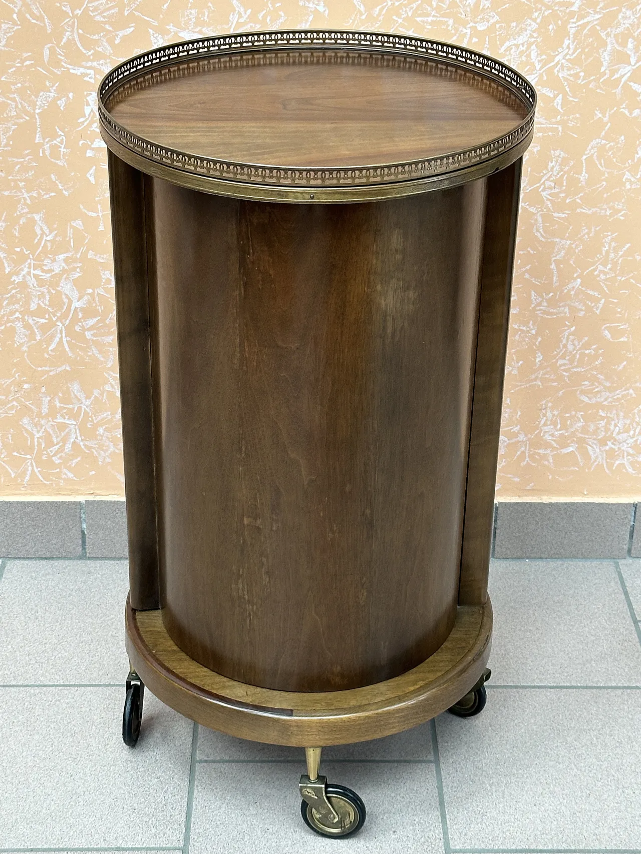 Bar Cart a Cilindro, porta scorrevole, mogano e ottone, Italia,anni’50 1
