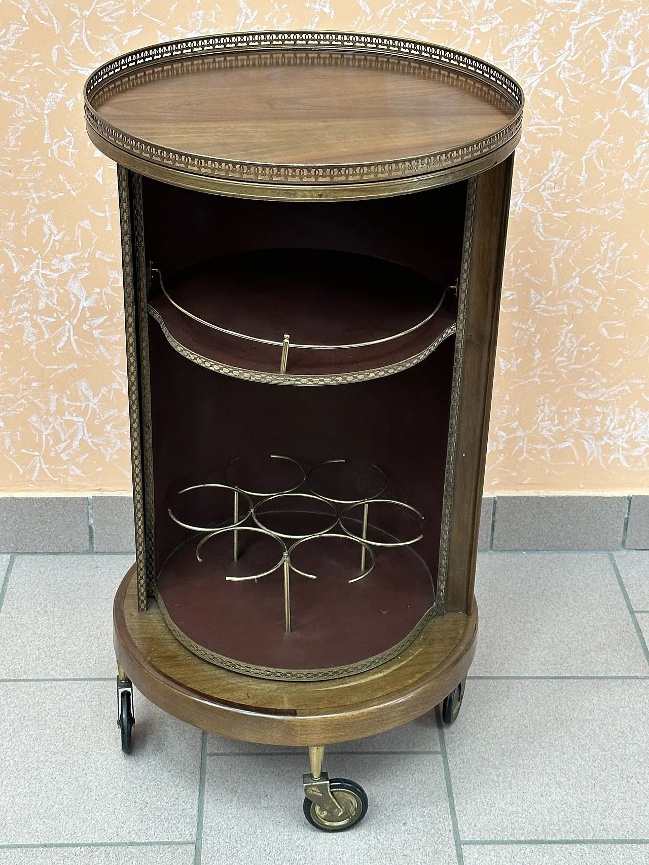 Bar Cart a Cilindro, porta scorrevole, mogano e ottone, Italia,anni’50 2