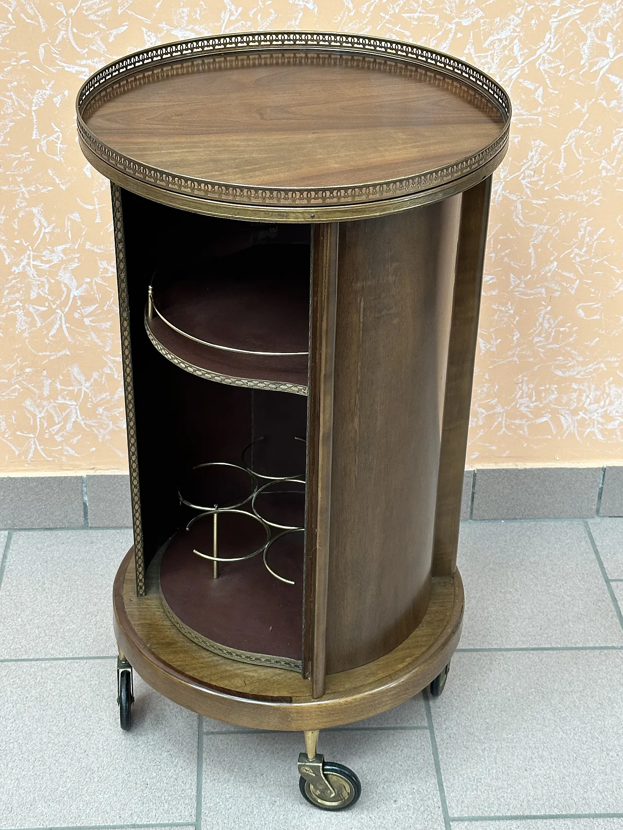 Bar Cart a Cilindro, porta scorrevole, mogano e ottone, Italia,anni’50 3