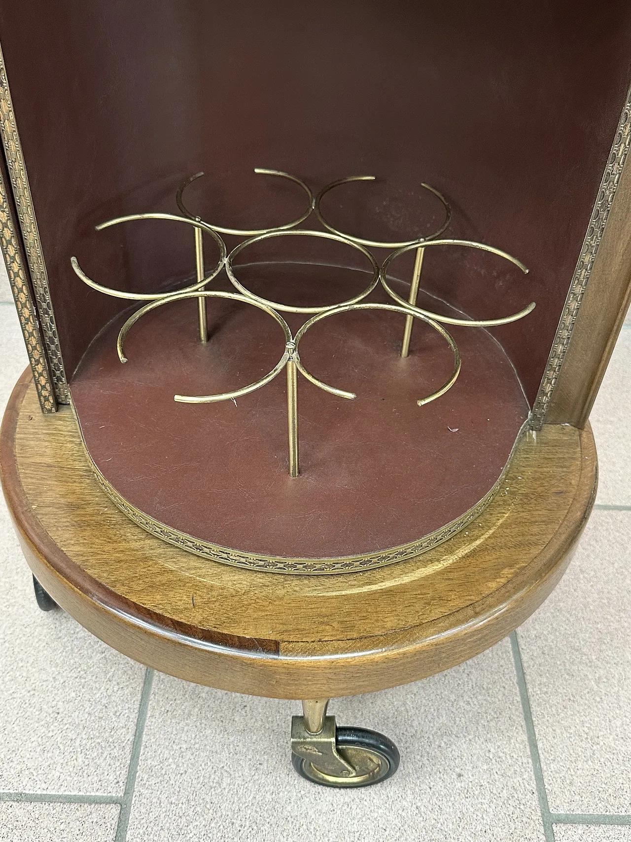 Bar Cart a Cilindro, porta scorrevole, mogano e ottone, Italia,anni’50 4