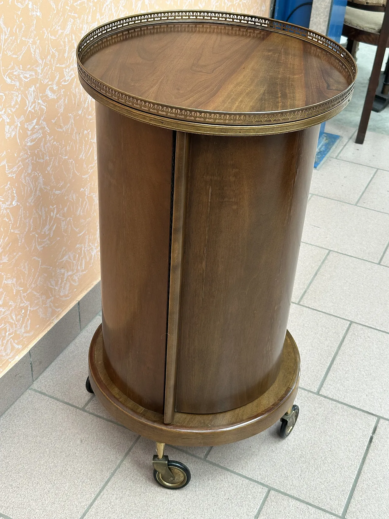 Bar Cart a Cilindro, porta scorrevole, mogano e ottone, Italia,anni’50 10