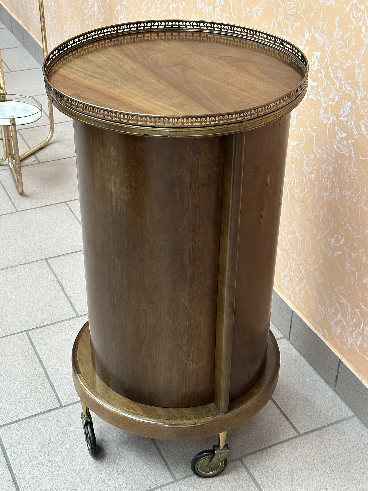 Bar Cart a Cilindro, porta scorrevole, mogano e ottone, Italia,anni’50 11