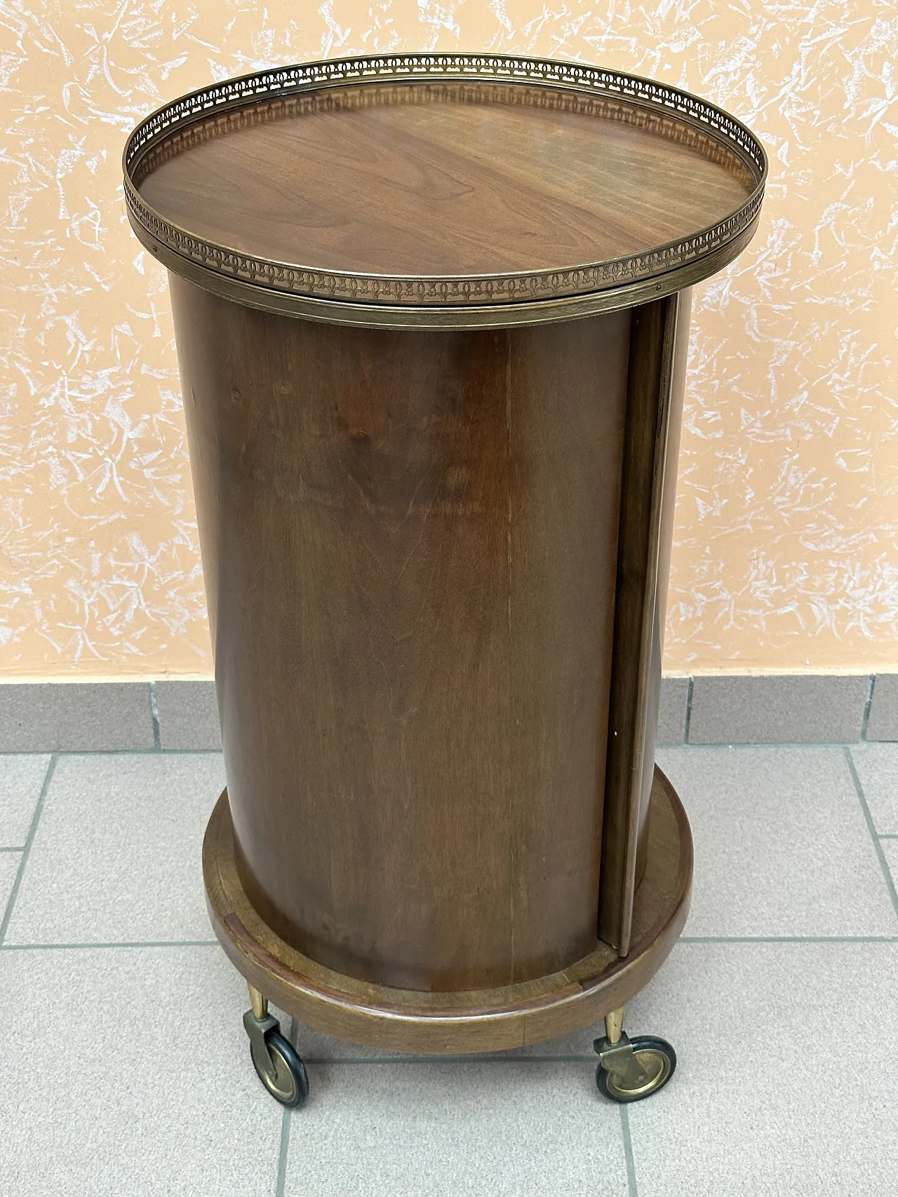 Bar Cart a Cilindro, porta scorrevole, mogano e ottone, Italia,anni’50 13