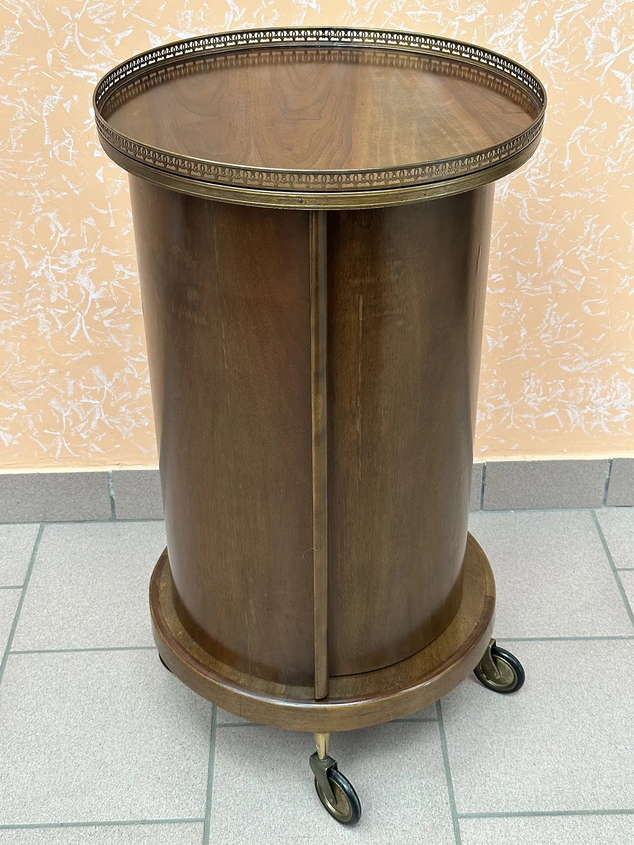 Bar Cart a Cilindro, porta scorrevole, mogano e ottone, Italia,anni’50 14