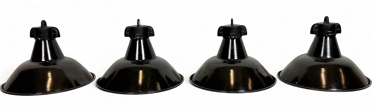 Set of 4 Industrial Black Enamel Factory Lamps with Cast Iron Top, 195 24