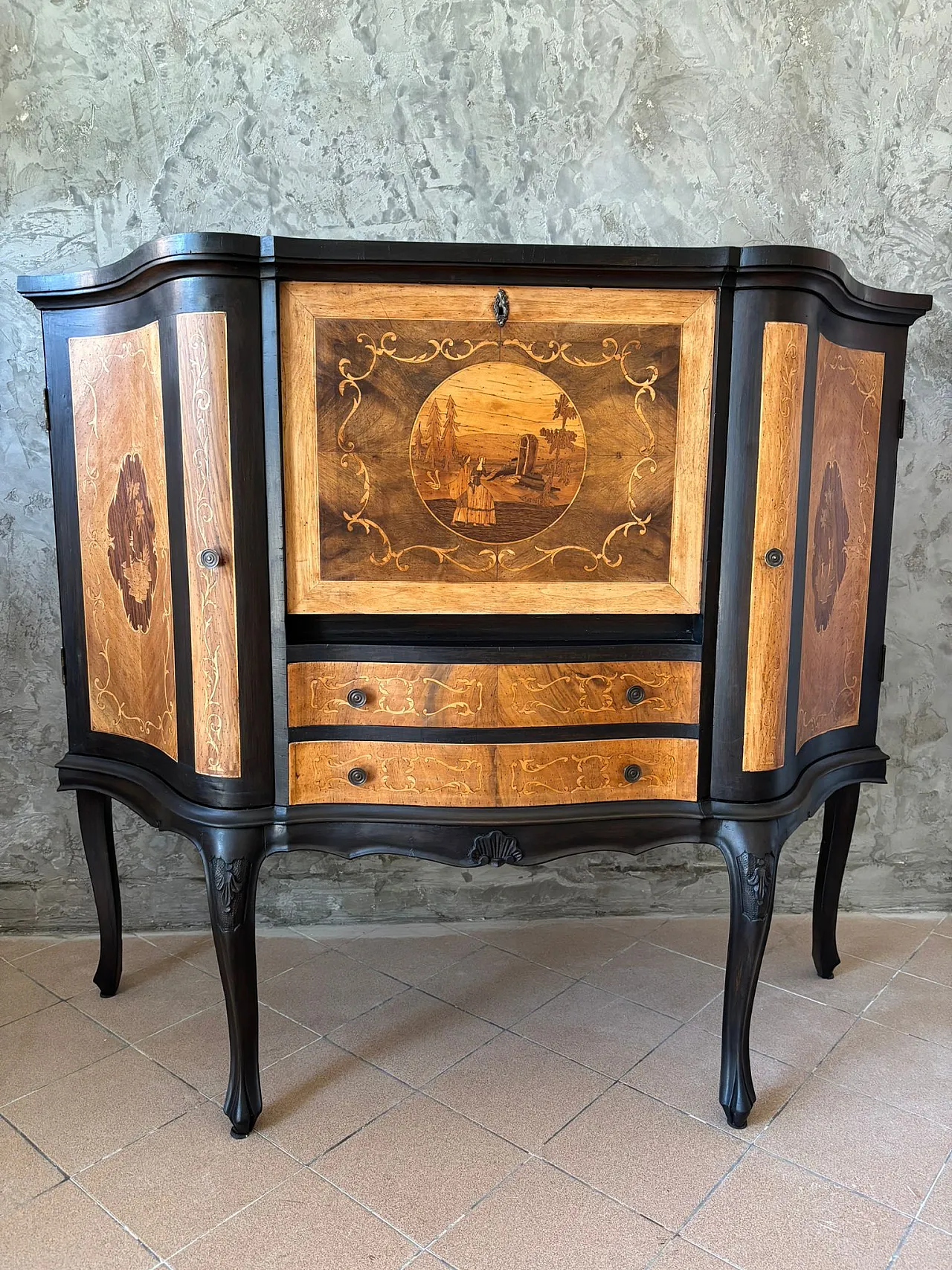 Mobile bar credenza con intarsi e profili stile Luigi Filippo anni '50 1