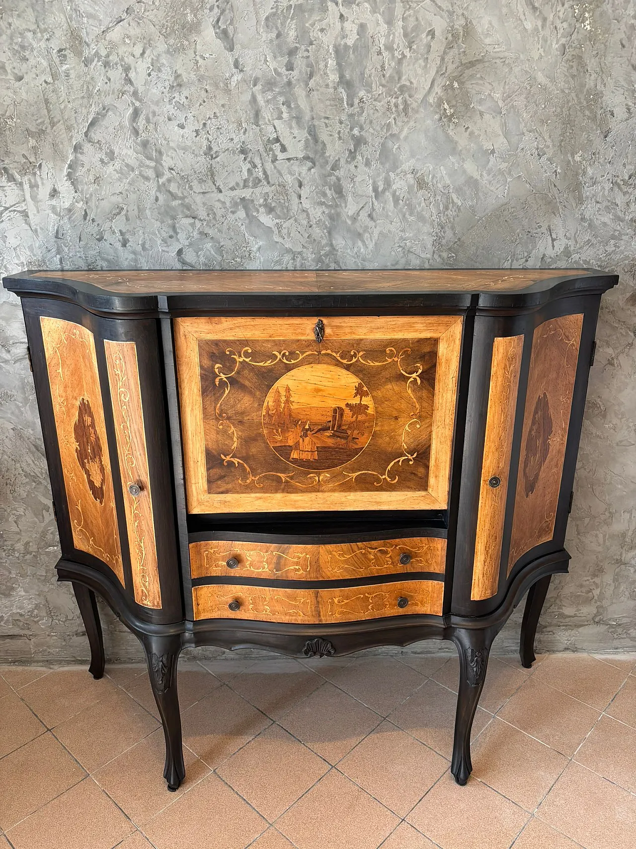 Mobile bar credenza con intarsi e profili stile Luigi Filippo anni '50 2