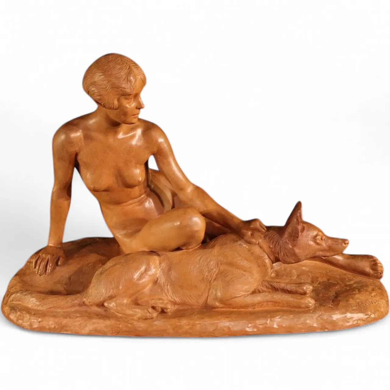 Scultura Art Deco con donna e cani in terracotta, '900 14