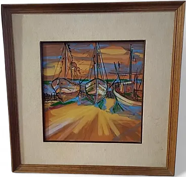 Marina with Boats at Sunset, eramic panel, 20th century