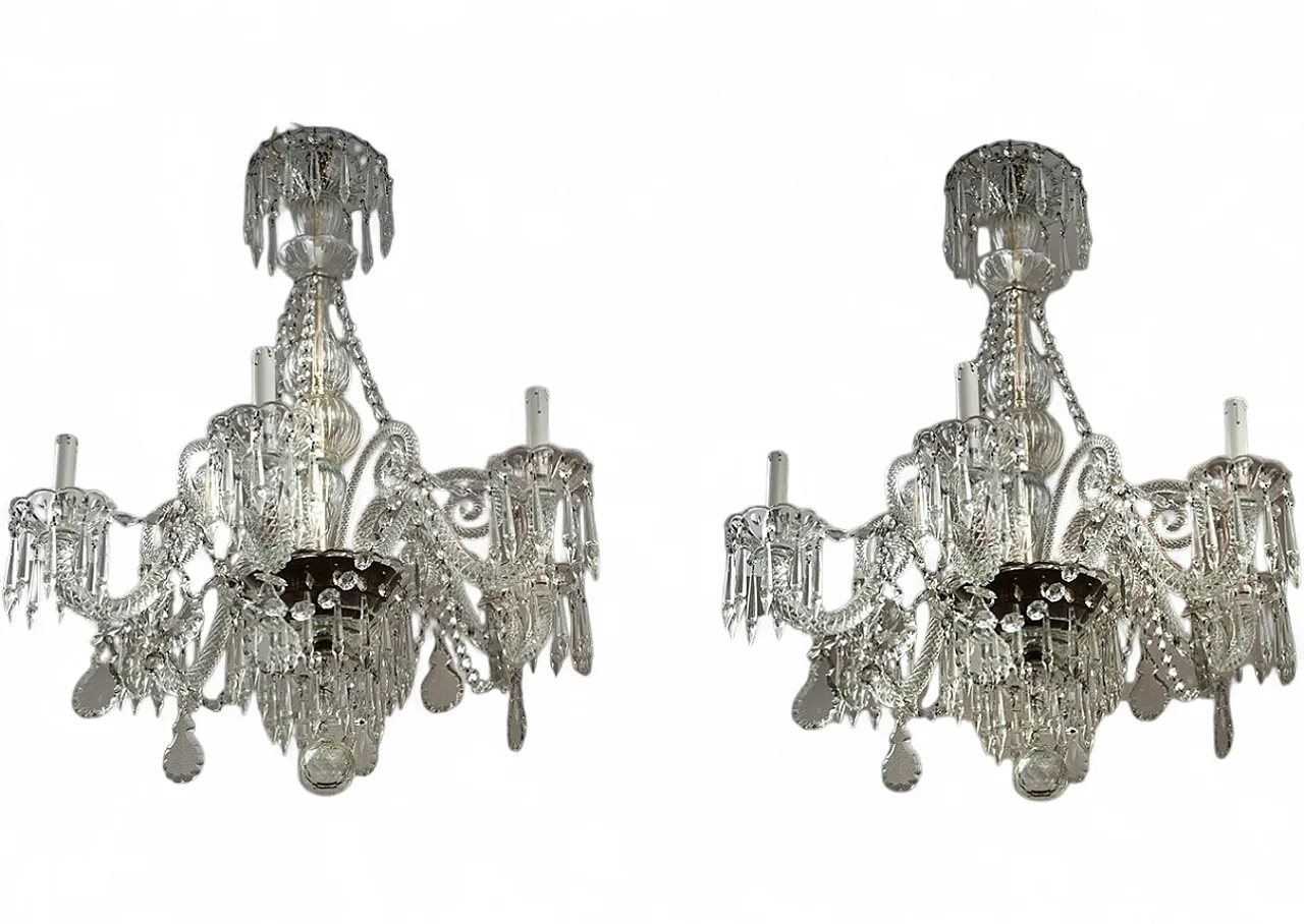 Pair of 6-armed crystal and wall glass chandeliers, 20th century 6