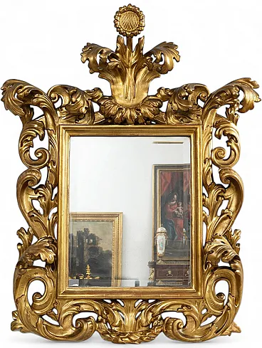 Cartoccio mirror in carved and gold-gilded wood, 18th century