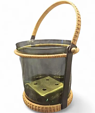 Dark glass ice bucket with brass frame, mid-20th century